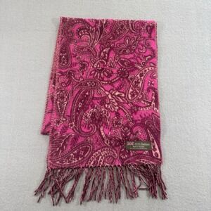 100% Cashmere Paisley Scarf Pink Made in Scotland Fringe Luxury Soft